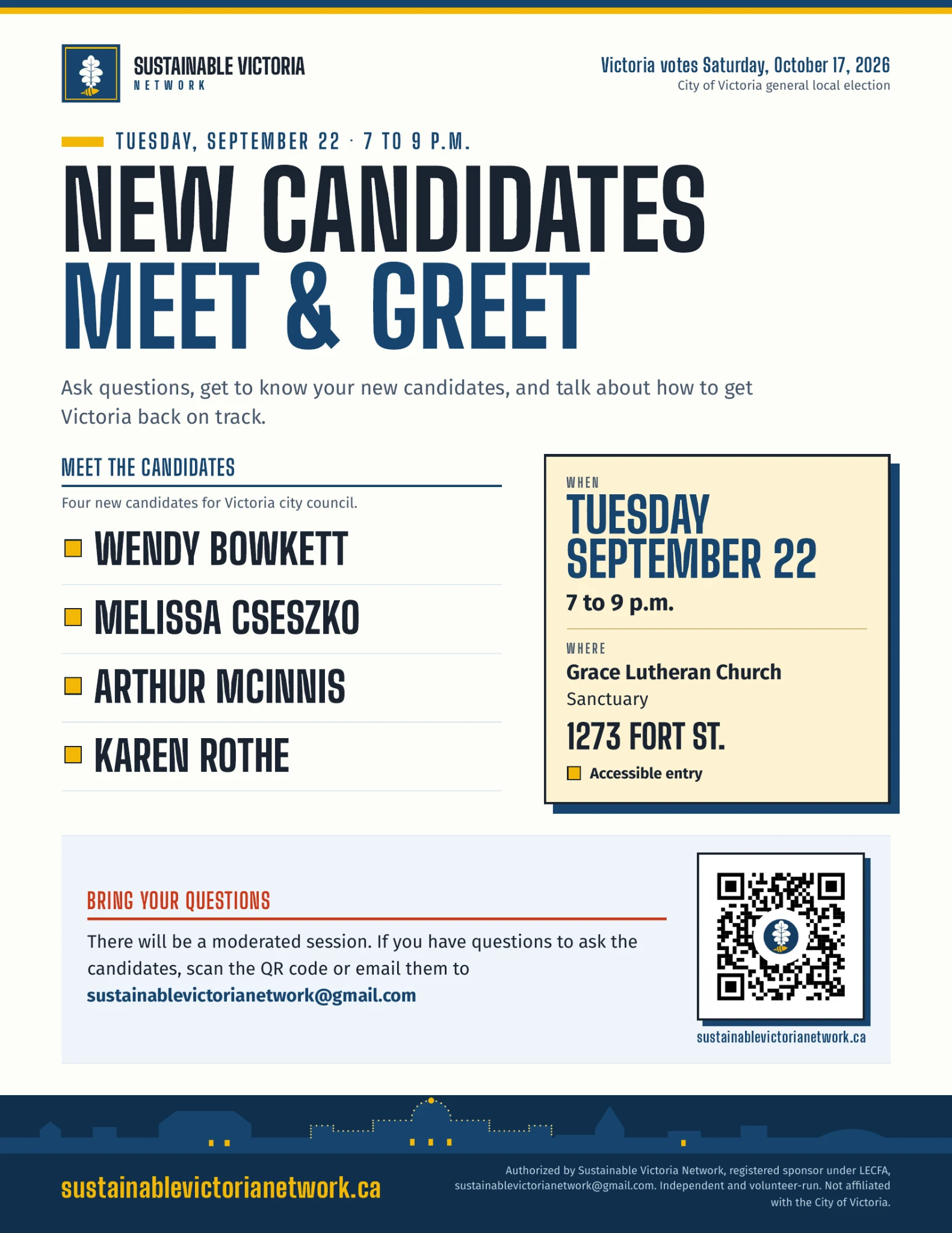 Sustainable Victoria Network New Candidates Meet and Greet poster for Tuesday September 22 from 7 to 9 p.m. at Grace Lutheran Church, featuring Wendy Bowkett, Melissa Cseszko, Arthur McInnis and Karen Rothe